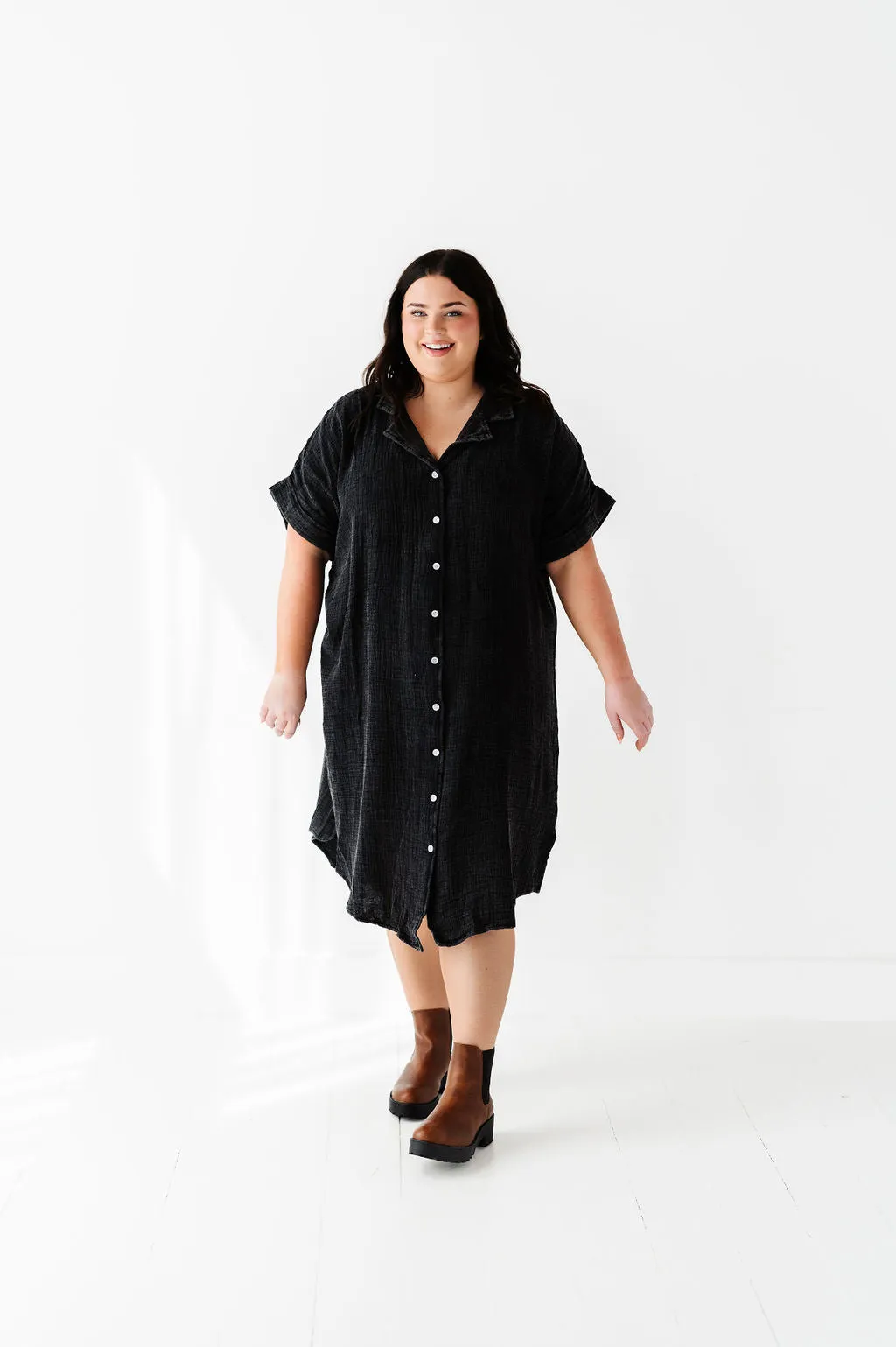 Malia Button Down Gauze Dress in Black