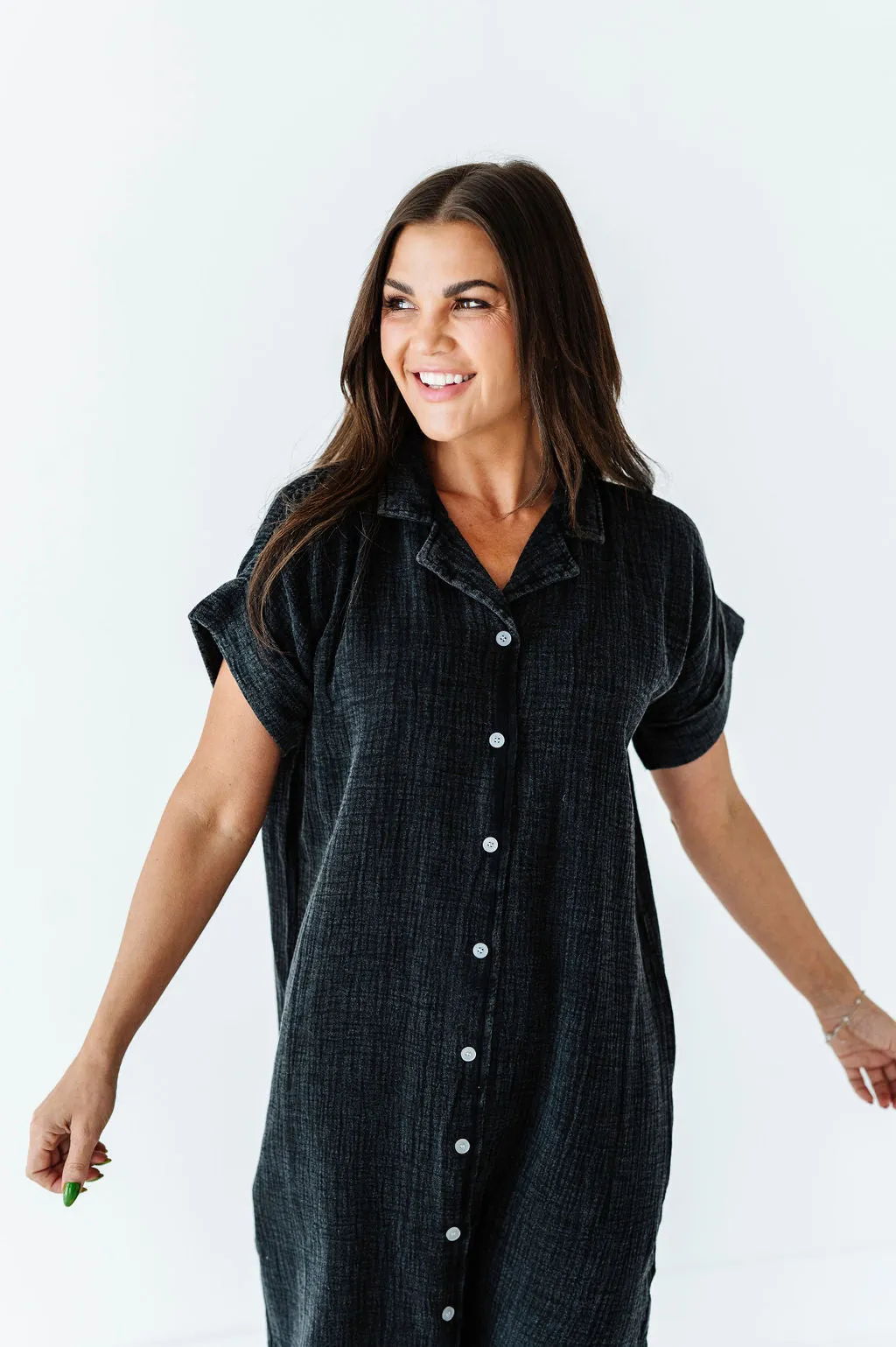 Malia Button Down Gauze Dress in Black