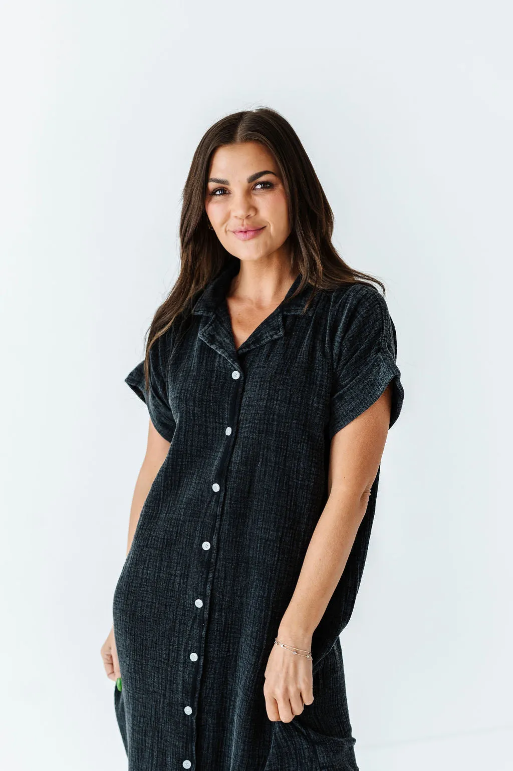 Malia Button Down Gauze Dress in Black