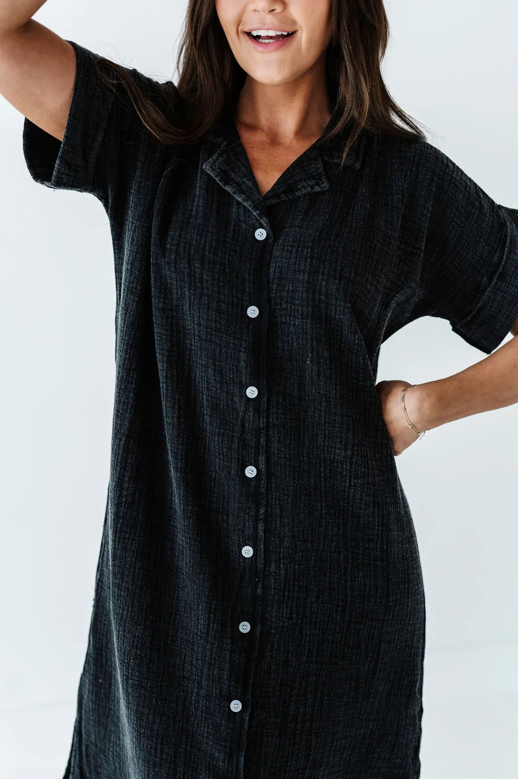 Malia Button Down Gauze Dress in Black