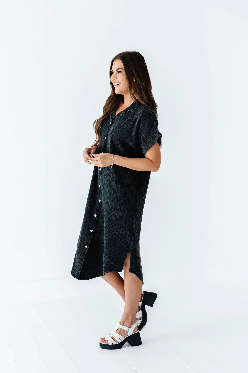 Malia Button Down Gauze Dress in Black