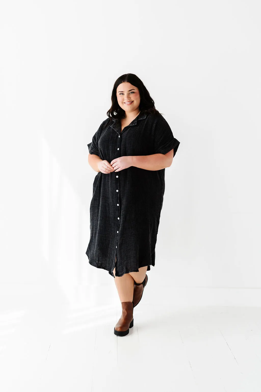 Malia Button Down Gauze Dress in Black