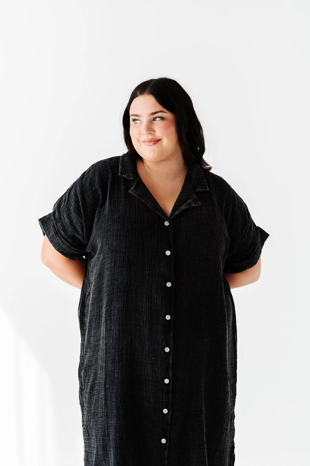 Malia Button Down Gauze Dress in Black