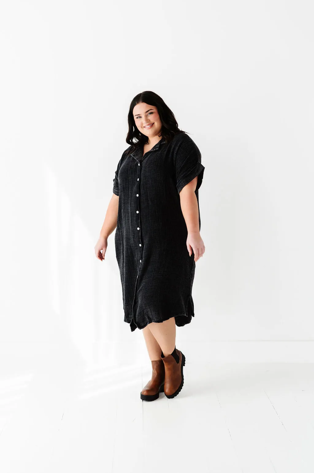 Malia Button Down Gauze Dress in Black