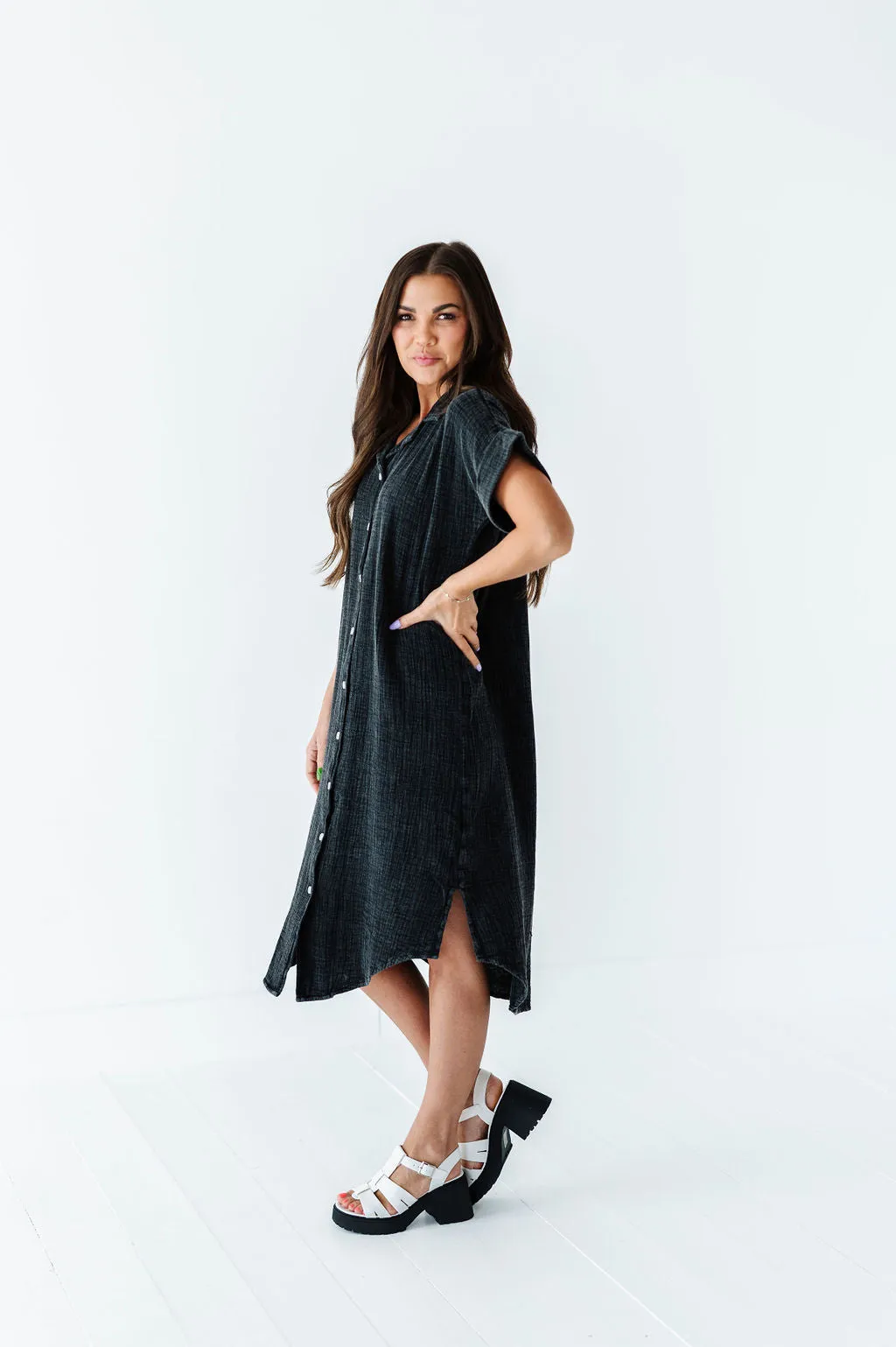 Malia Button Down Gauze Dress in Black