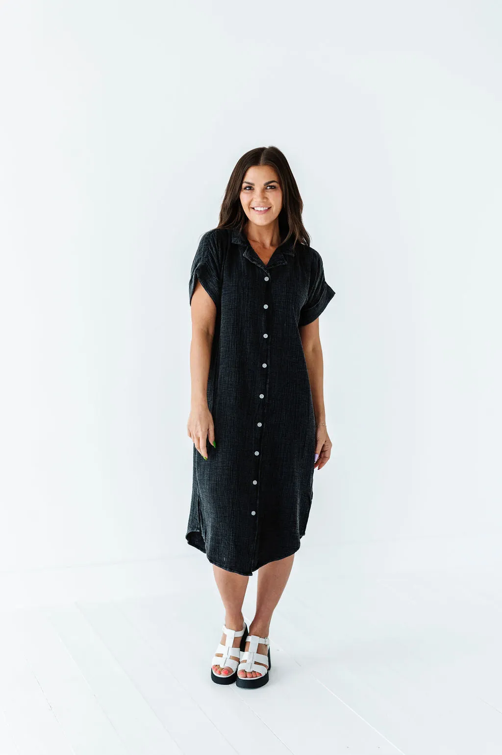 Malia Button Down Gauze Dress in Black