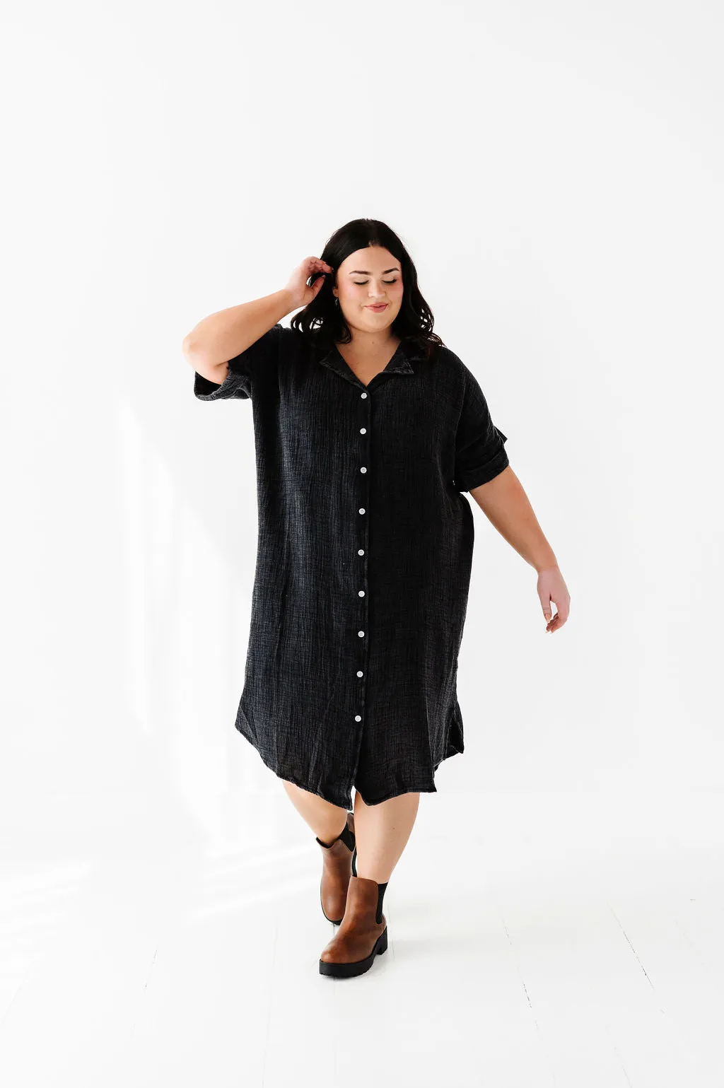 Malia Button Down Gauze Dress in Black