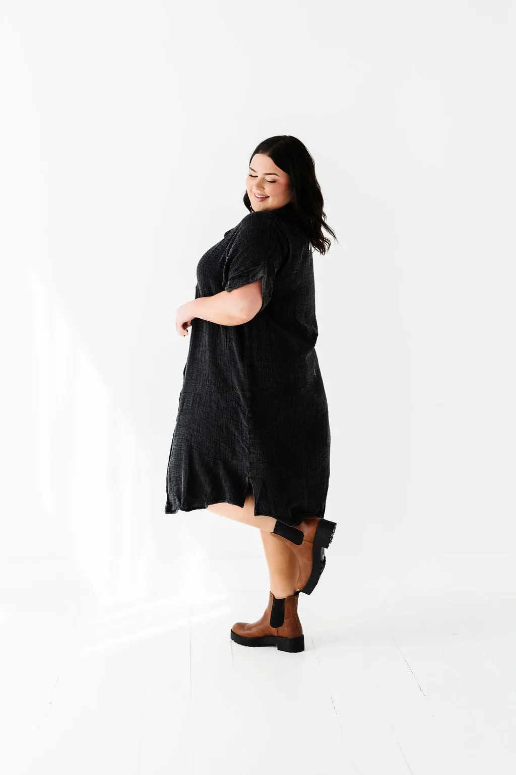 Malia Button Down Gauze Dress in Black