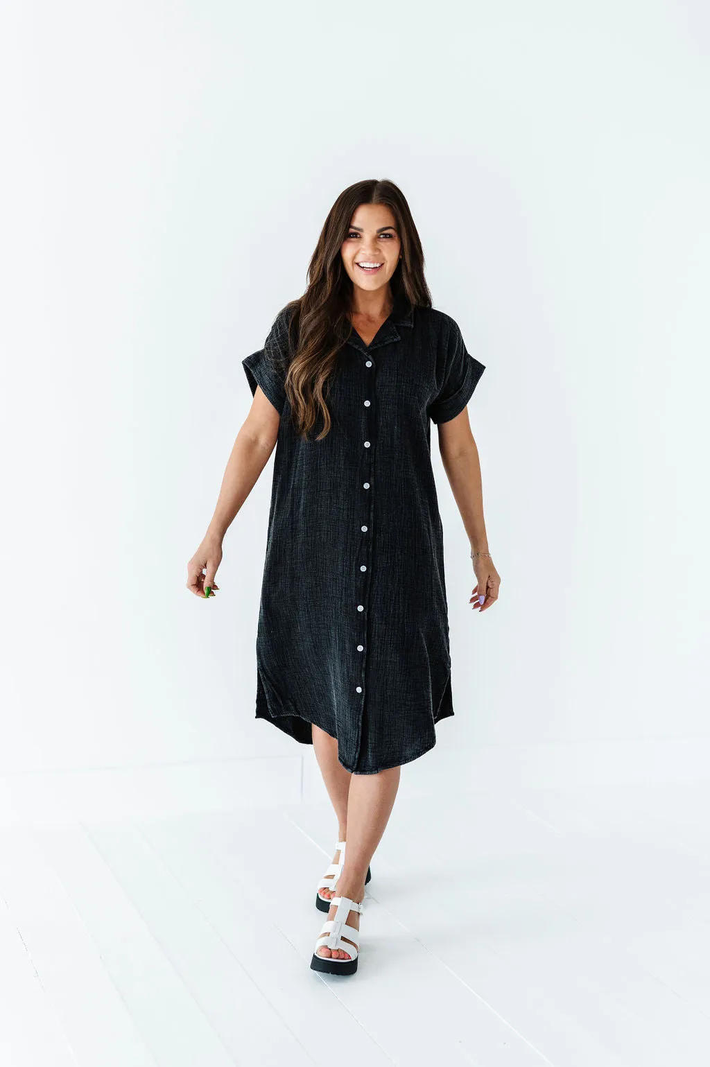 Malia Button Down Gauze Dress in Black