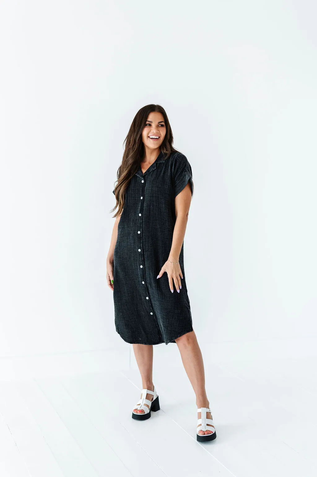 Malia Button Down Gauze Dress in Black