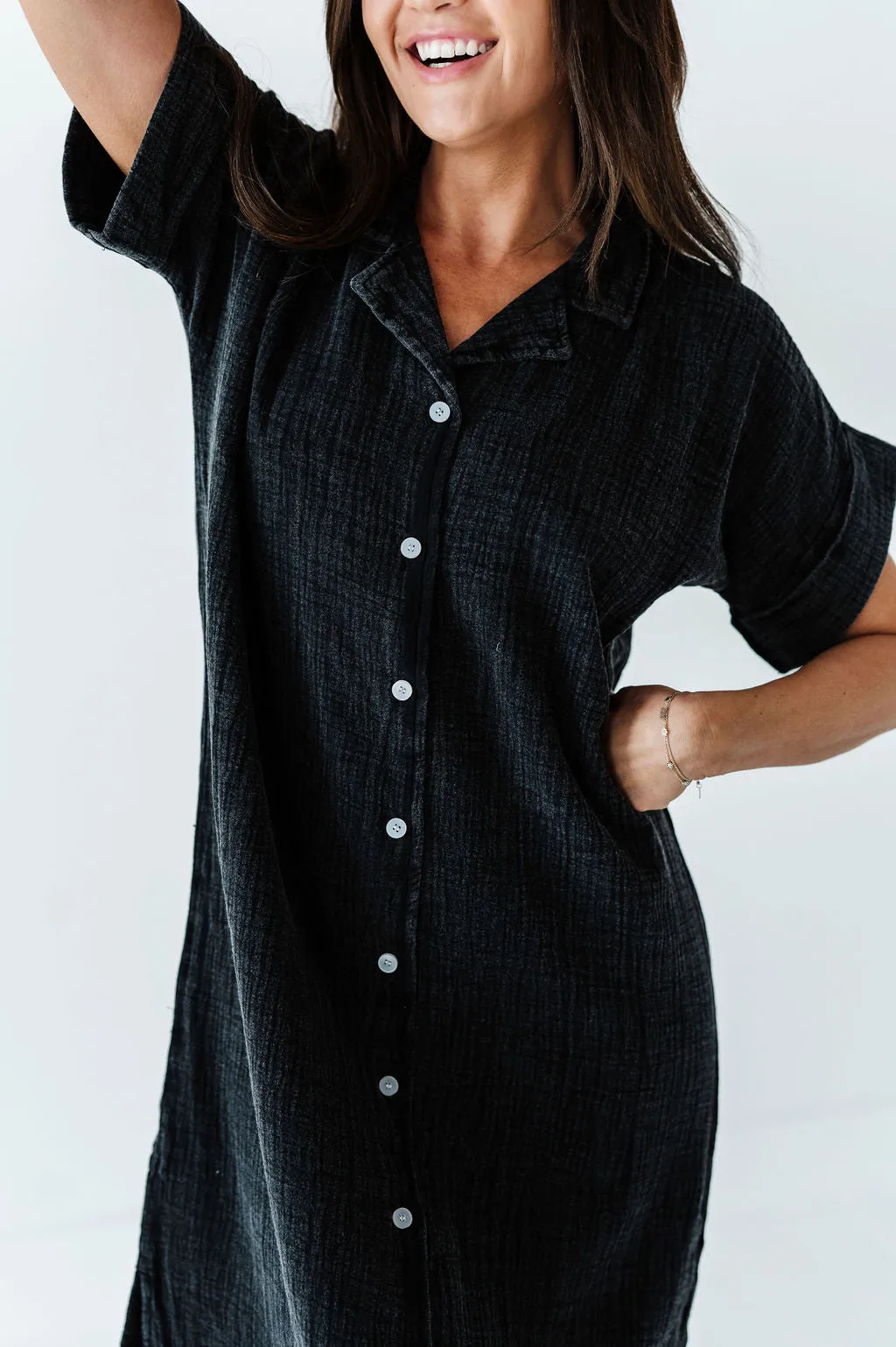 Malia Button Down Gauze Dress in Black