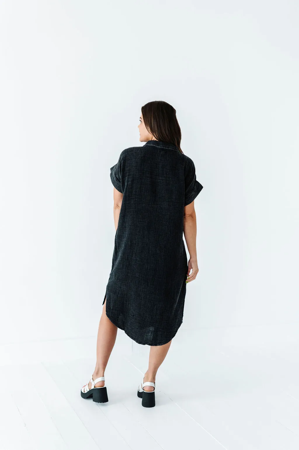 Malia Button Down Gauze Dress in Black