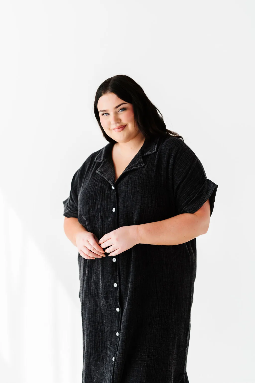 Malia Button Down Gauze Dress in Black