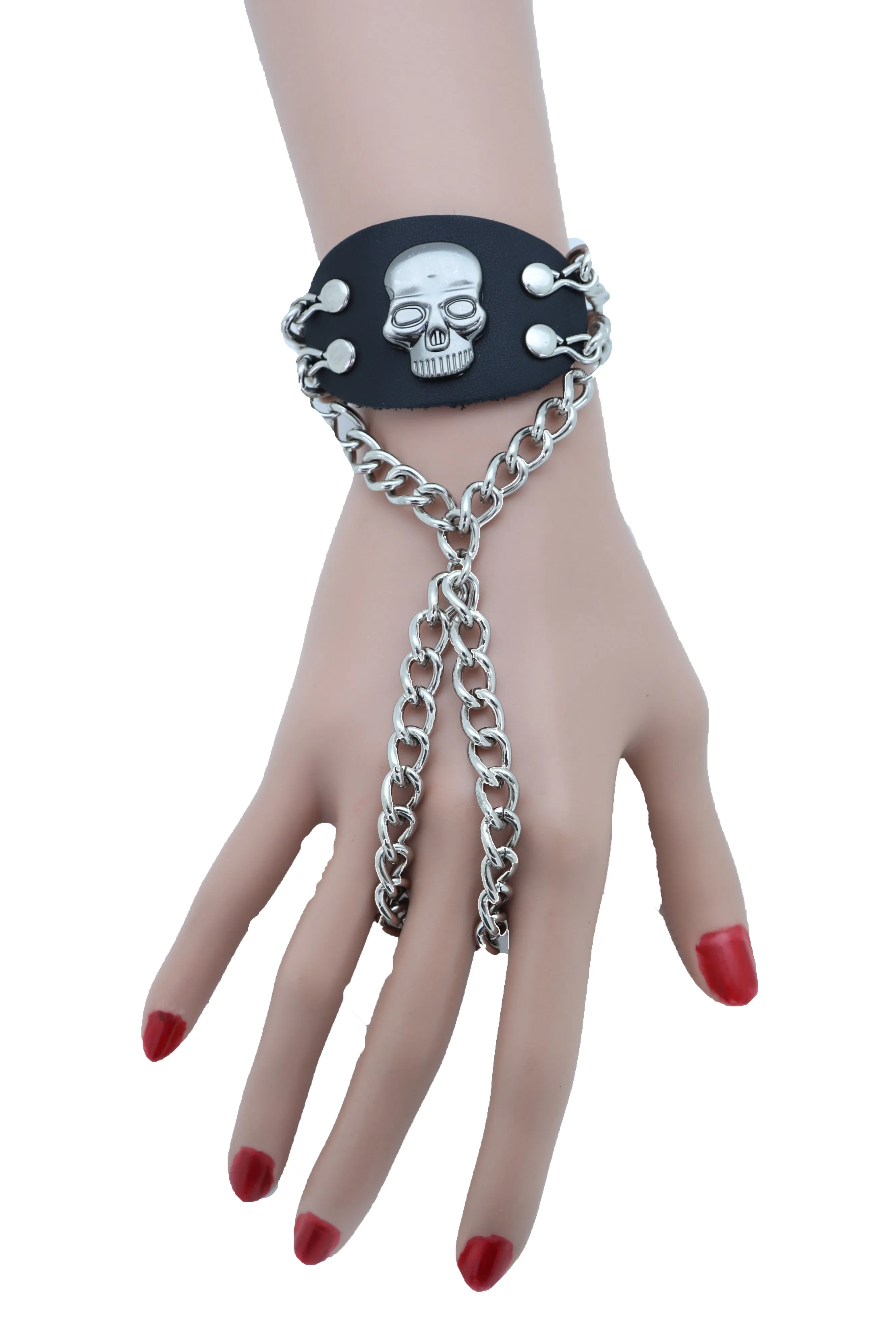 Men Bracelet Silver Metal Hand Chain Skull Charm Biker