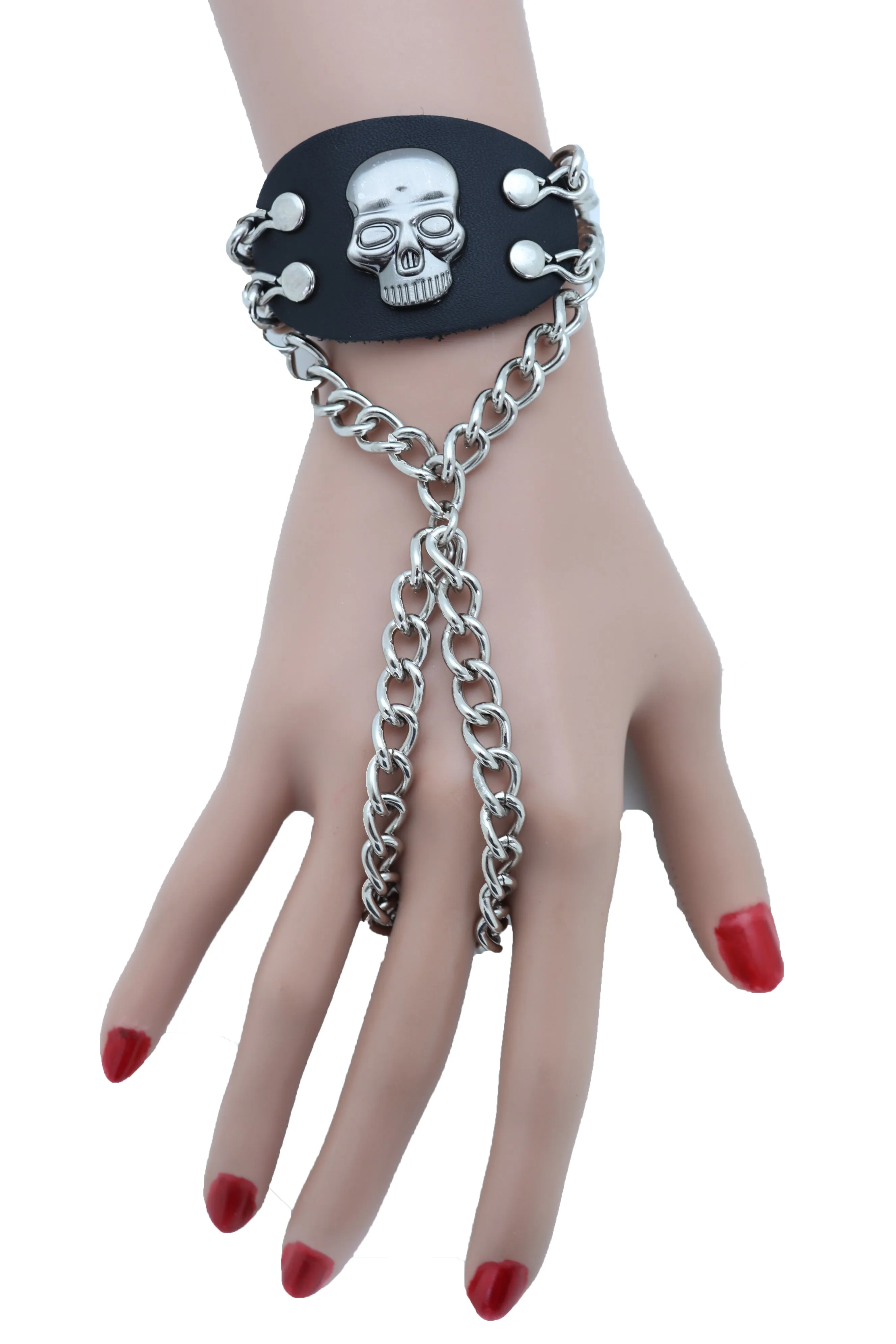 Men Bracelet Silver Metal Hand Chain Skull Charm Biker