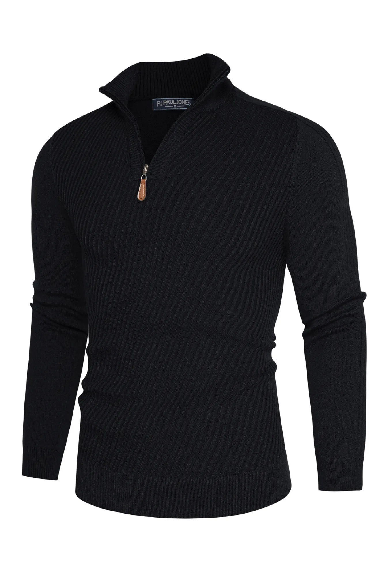 Men Stand Collar Sweater Long Sleeve Zip-up Neck Ribbed Cuff Pullover