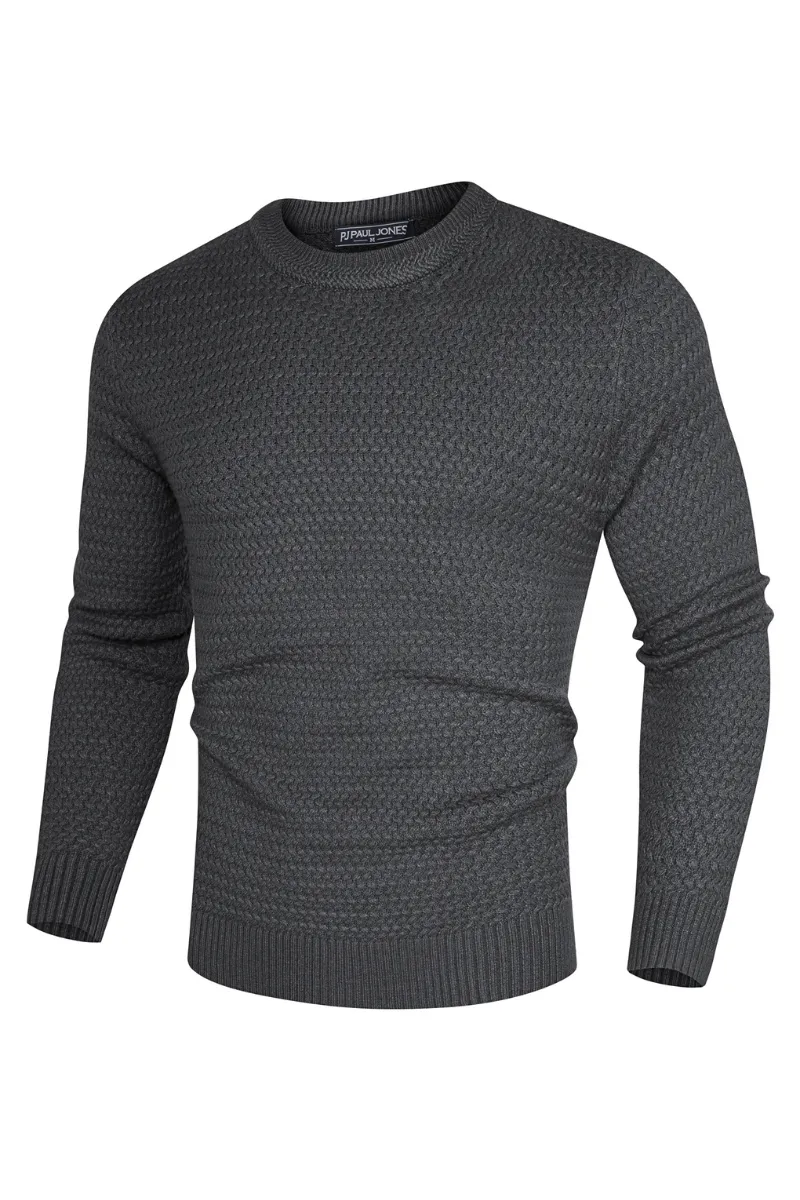 Men Textured Sweater Long Sleeve Crew Neck Ribbed Cuff Pullover Knitwear