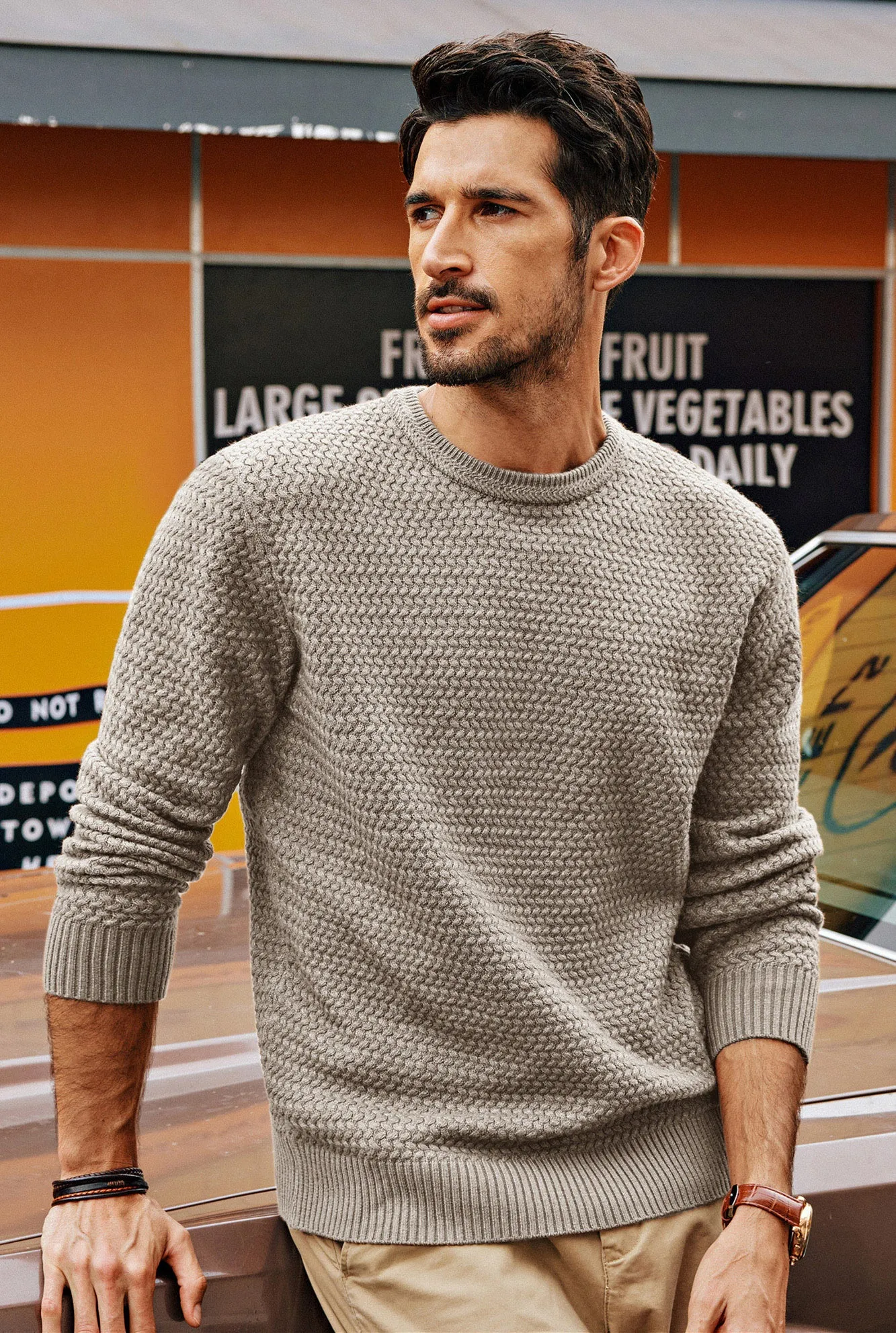 Men Textured Sweater Long Sleeve Crew Neck Ribbed Cuff Pullover Knitwear