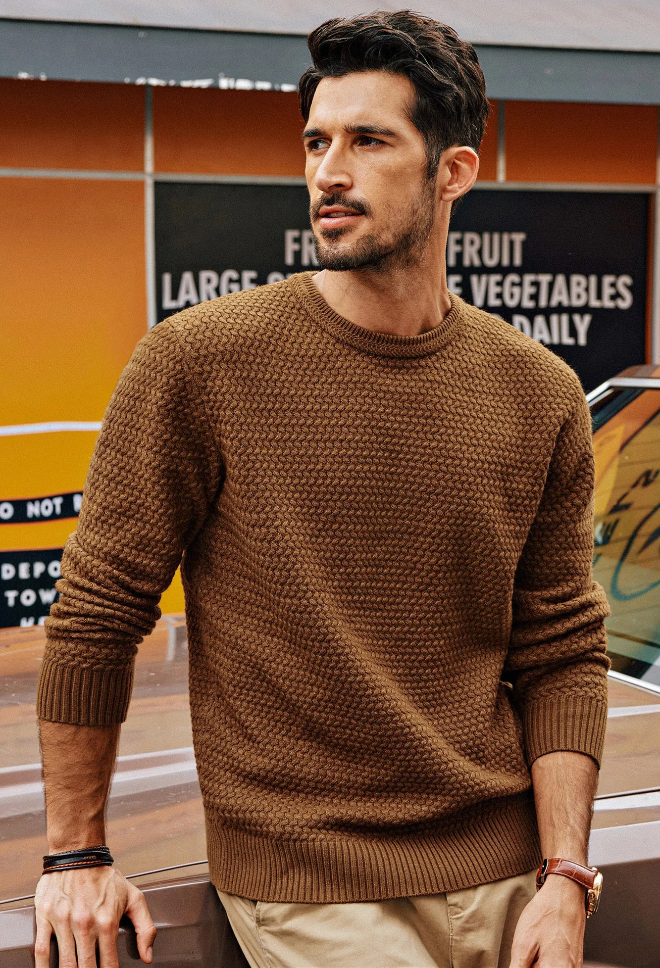 Men Textured Sweater Long Sleeve Crew Neck Ribbed Cuff Pullover Knitwear