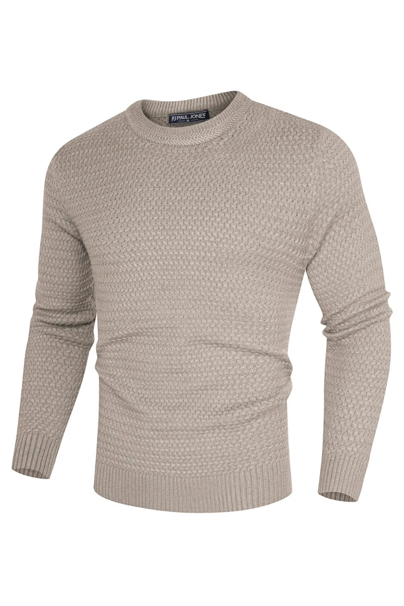 Men Textured Sweater Long Sleeve Crew Neck Ribbed Cuff Pullover Knitwear