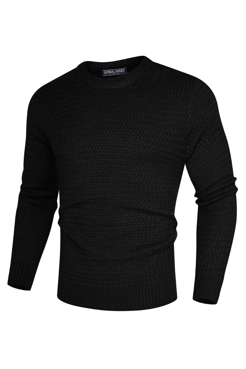 Men Textured Sweater Long Sleeve Crew Neck Ribbed Cuff Pullover Knitwear