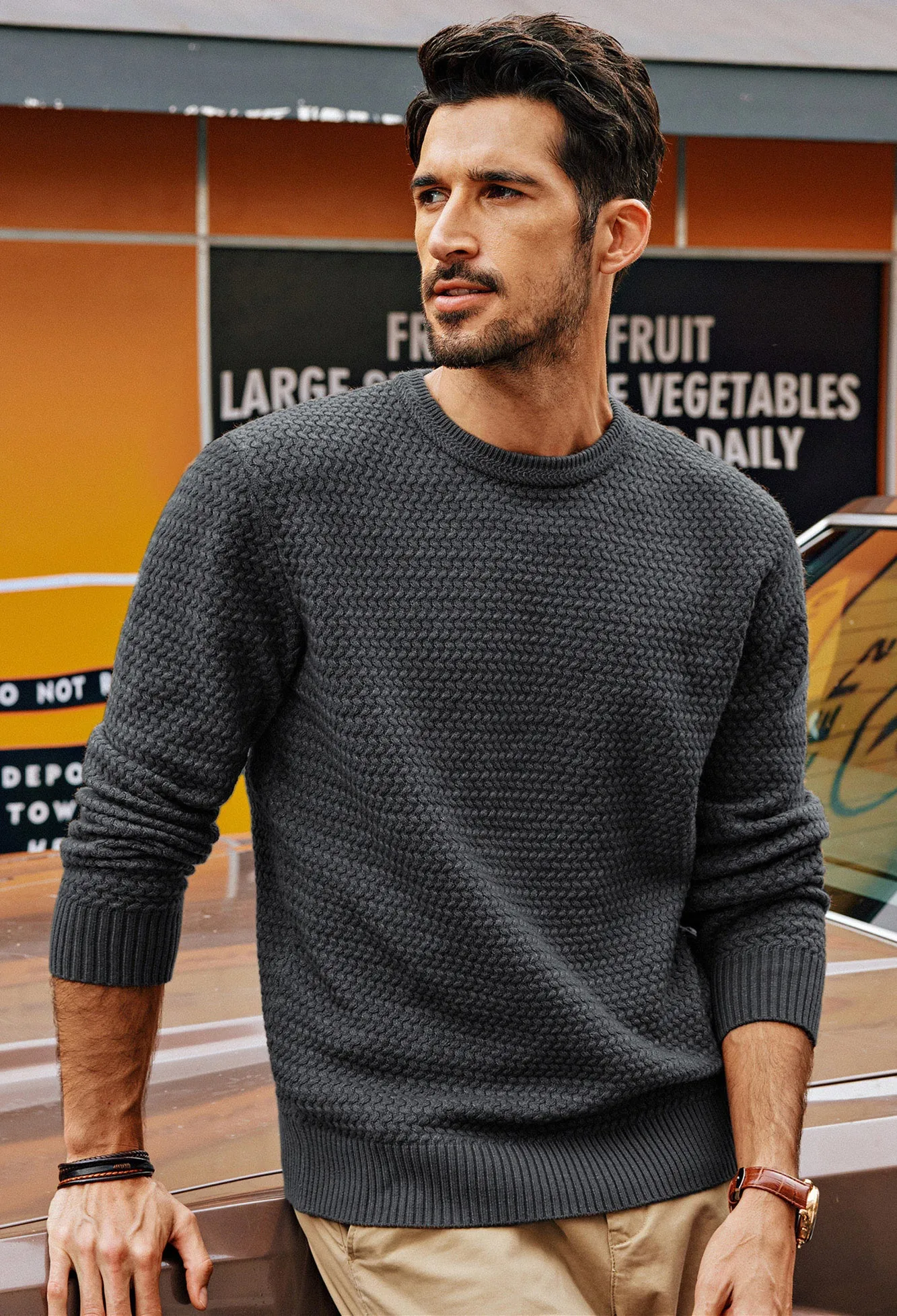 Men Textured Sweater Long Sleeve Crew Neck Ribbed Cuff Pullover Knitwear