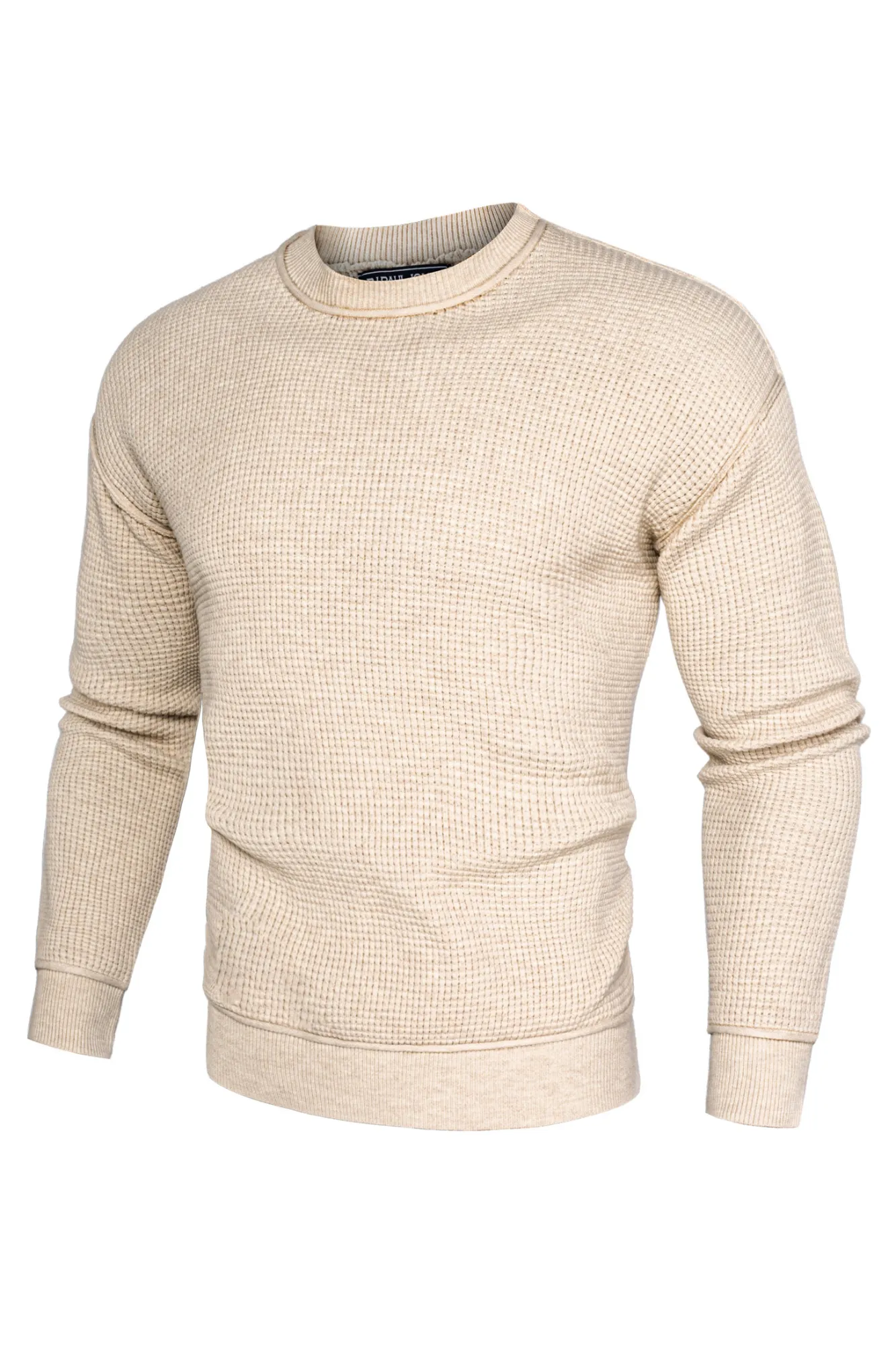 Men Waffle Textured Sweater Long Sleeve Crew Neck Dropped Shoulder Pullover