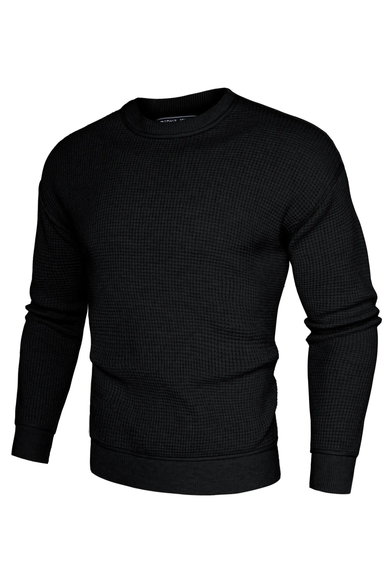 Men Waffle Textured Sweater Long Sleeve Crew Neck Dropped Shoulder Pullover