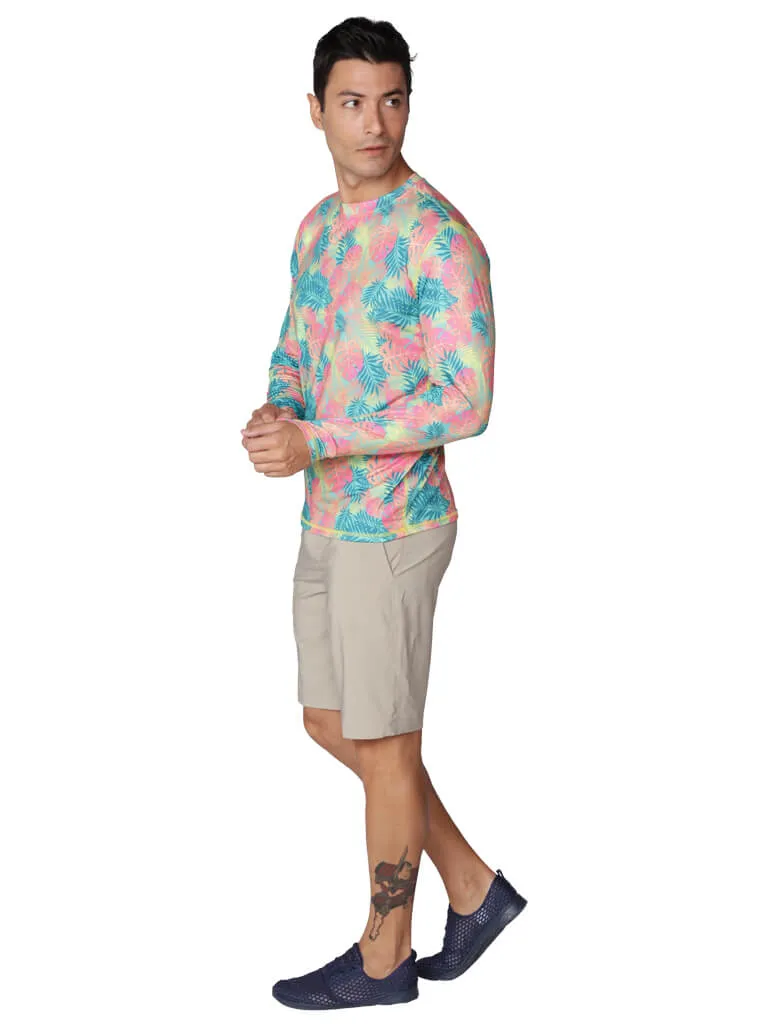 Men's Long Sleeve sun shirt in lush leaves print pattern