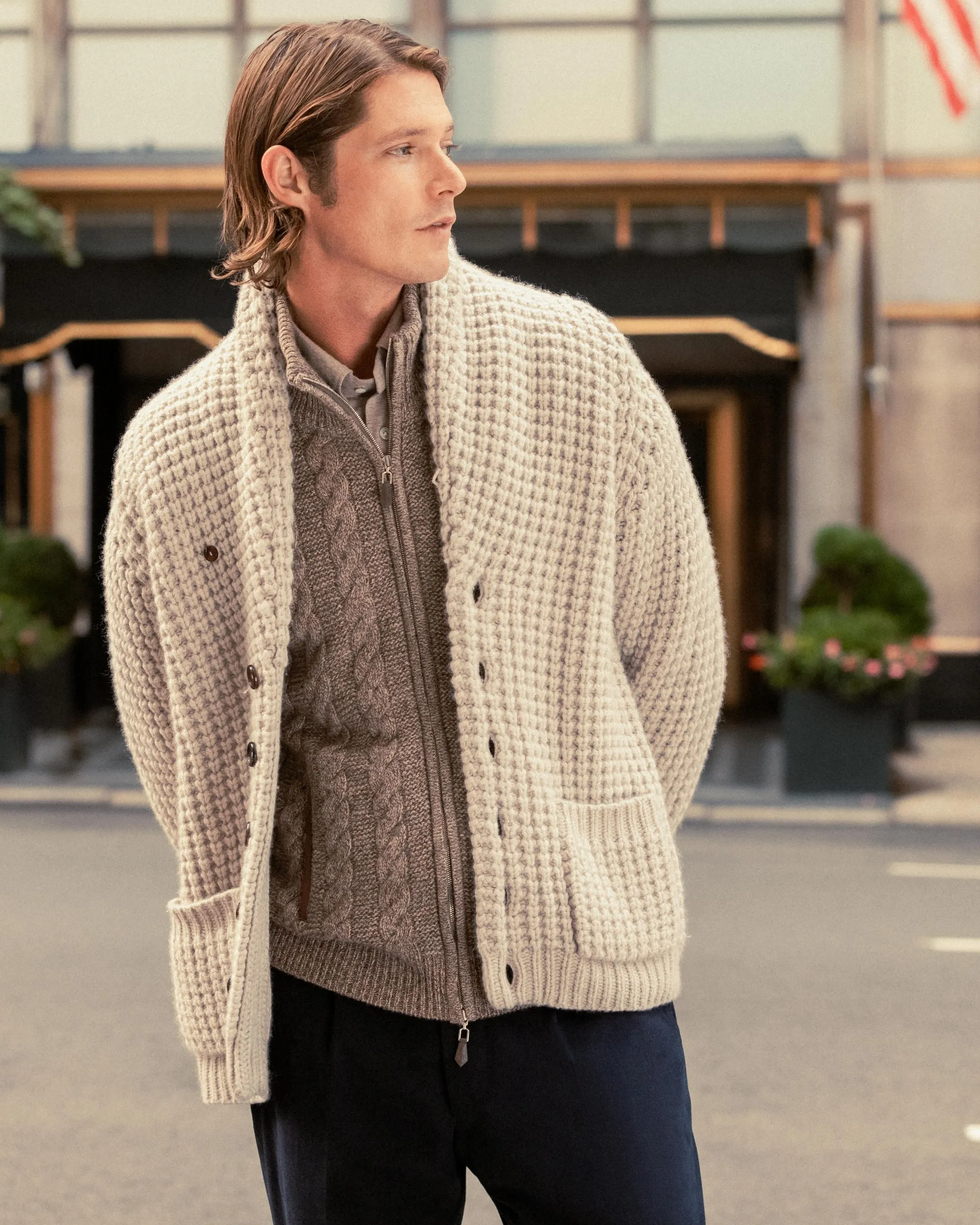 Men's Textured Kensington Cashmere Cardigan Sand Brown