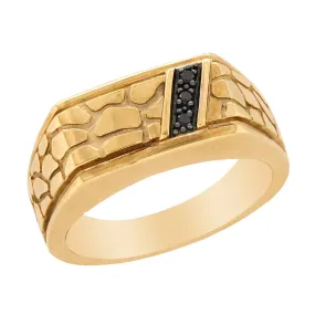 MEN'S YELLOW GOLD FASHION RING WITH TEXTURED PATTERN AND BLACK DIAMONDS, 1/10 CT TW