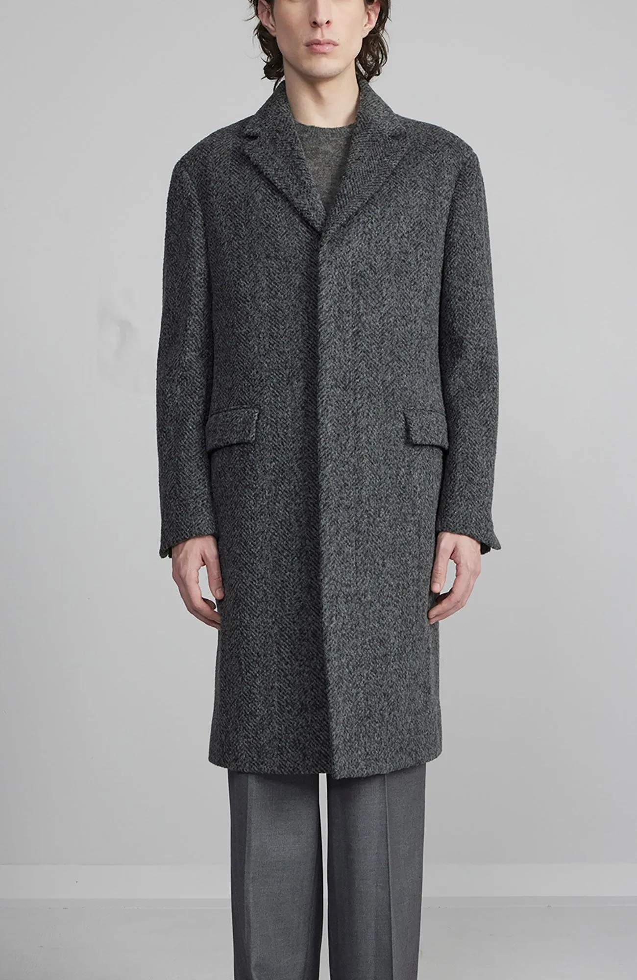 MERCER ALPACA & CASHMERE CHARCOAL HERRINGBONE TOPCOAT