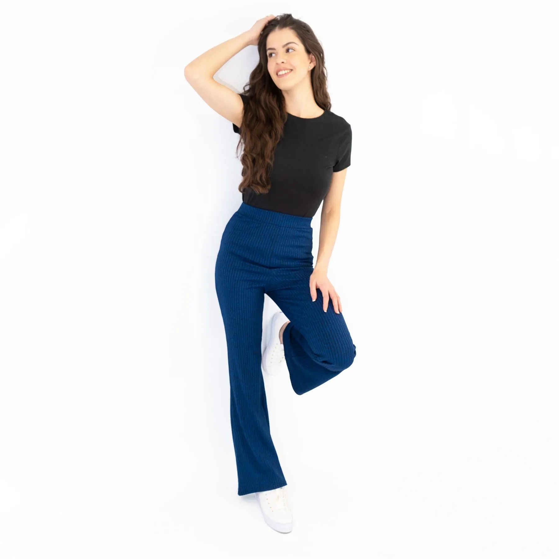 Nasty Gal Blue Ribbed Pull-On Flared Trousers