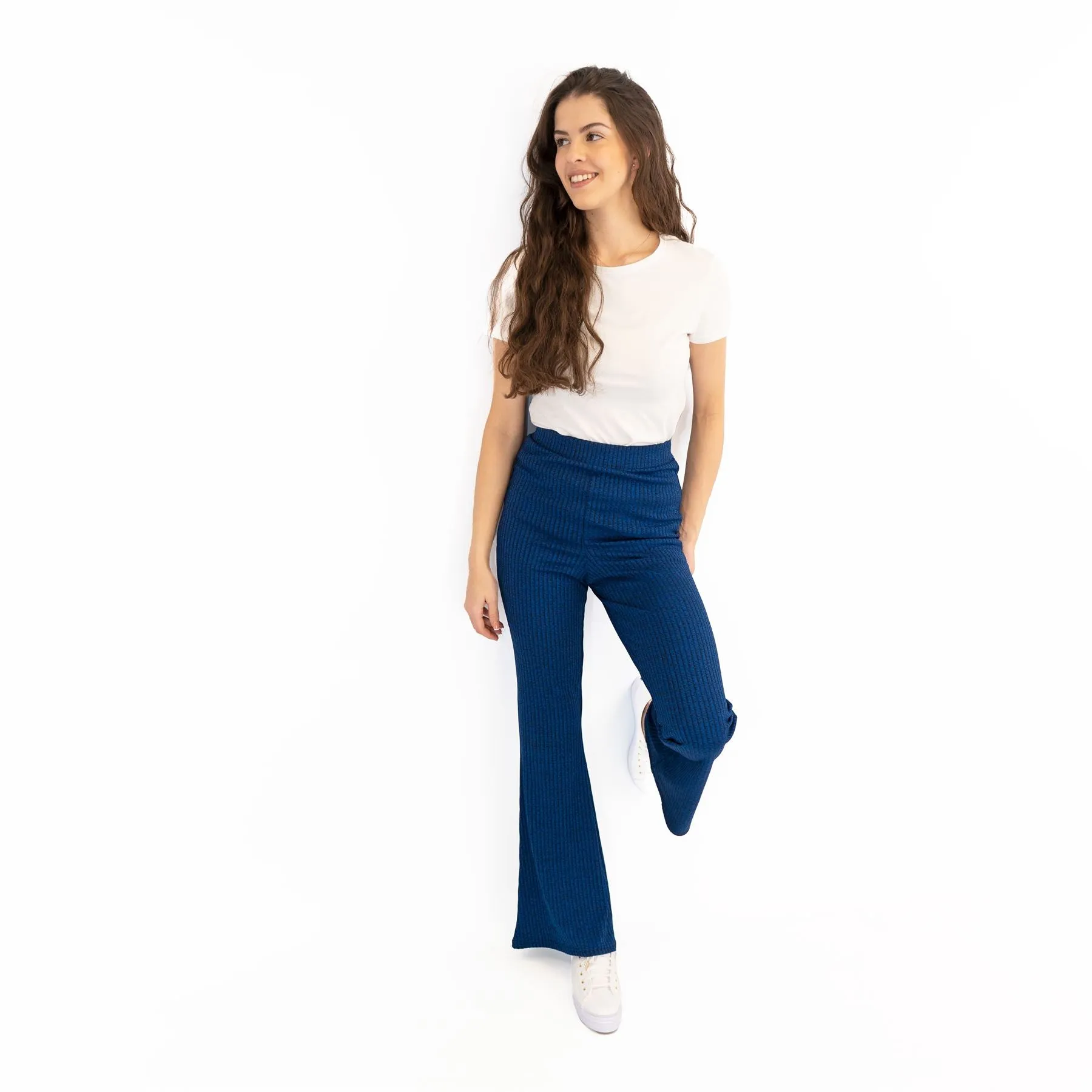 Nasty Gal Blue Ribbed Pull-On Flared Trousers