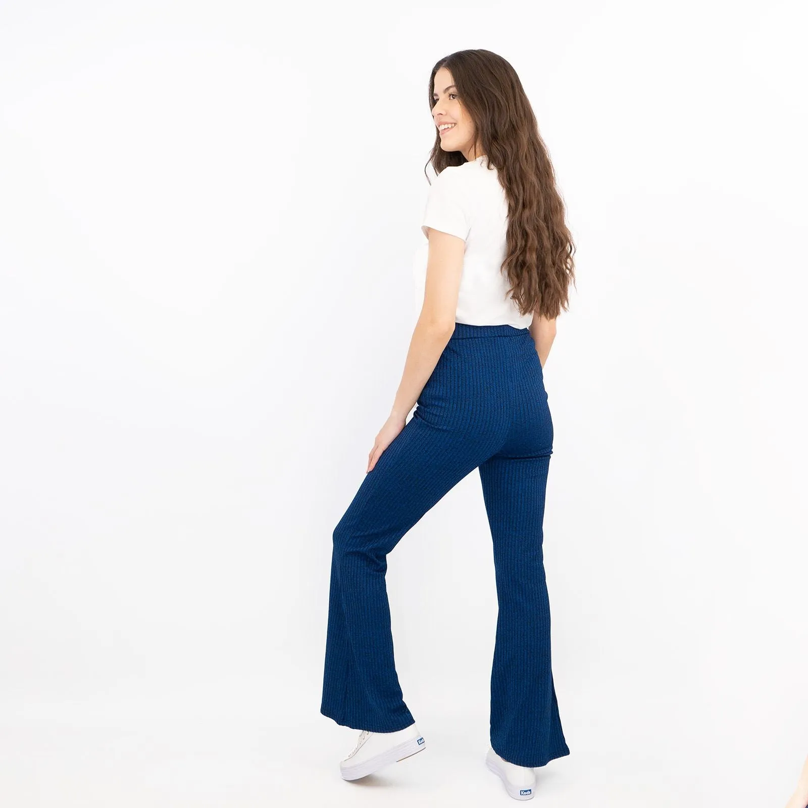 Nasty Gal Blue Ribbed Pull-On Flared Trousers