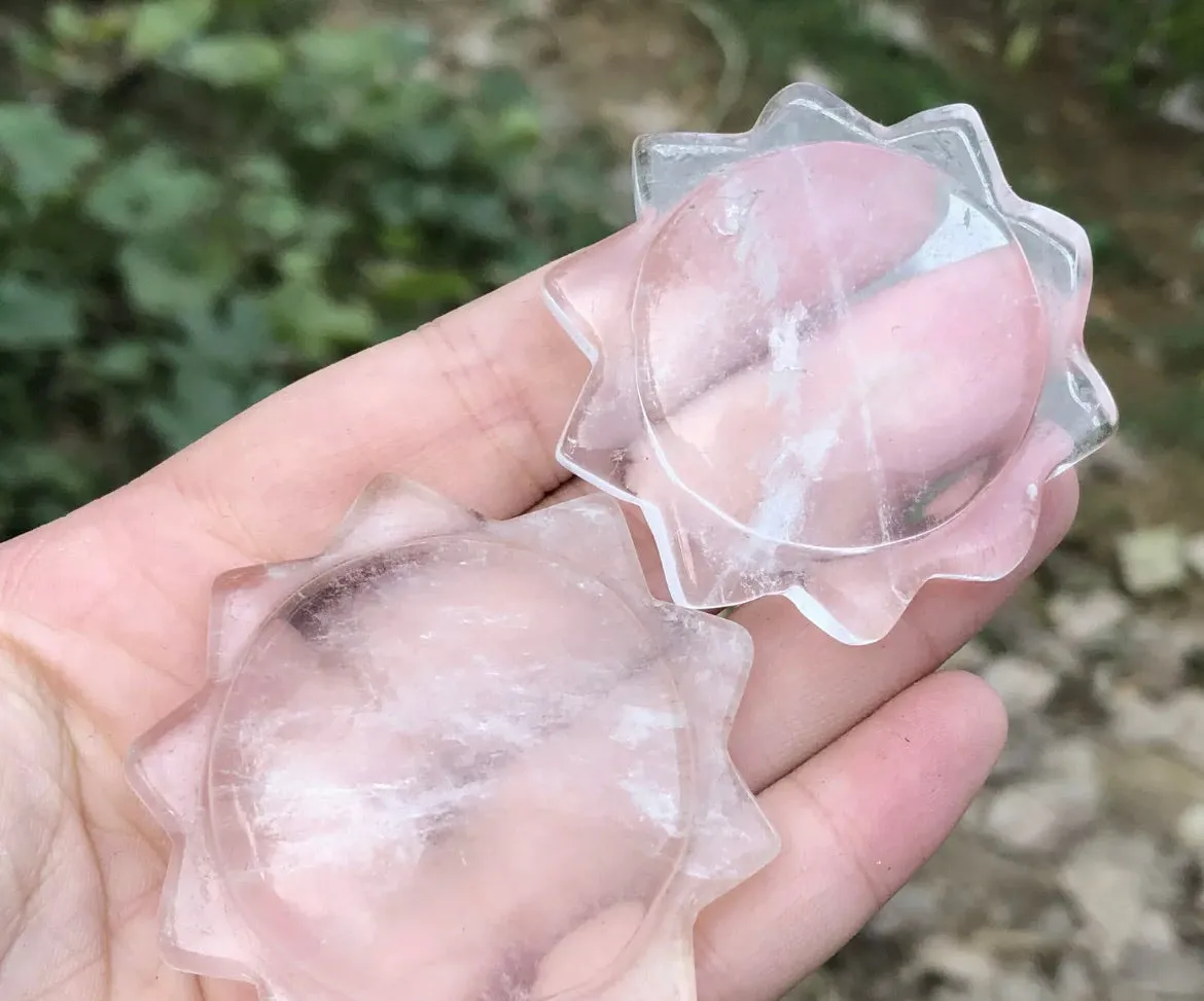 Natural Clear Quartz gemstone Hand Carved Sun