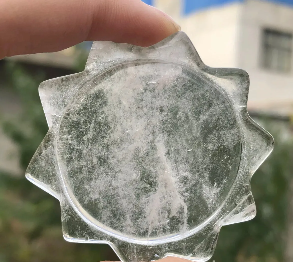 Natural Clear Quartz gemstone Hand Carved Sun