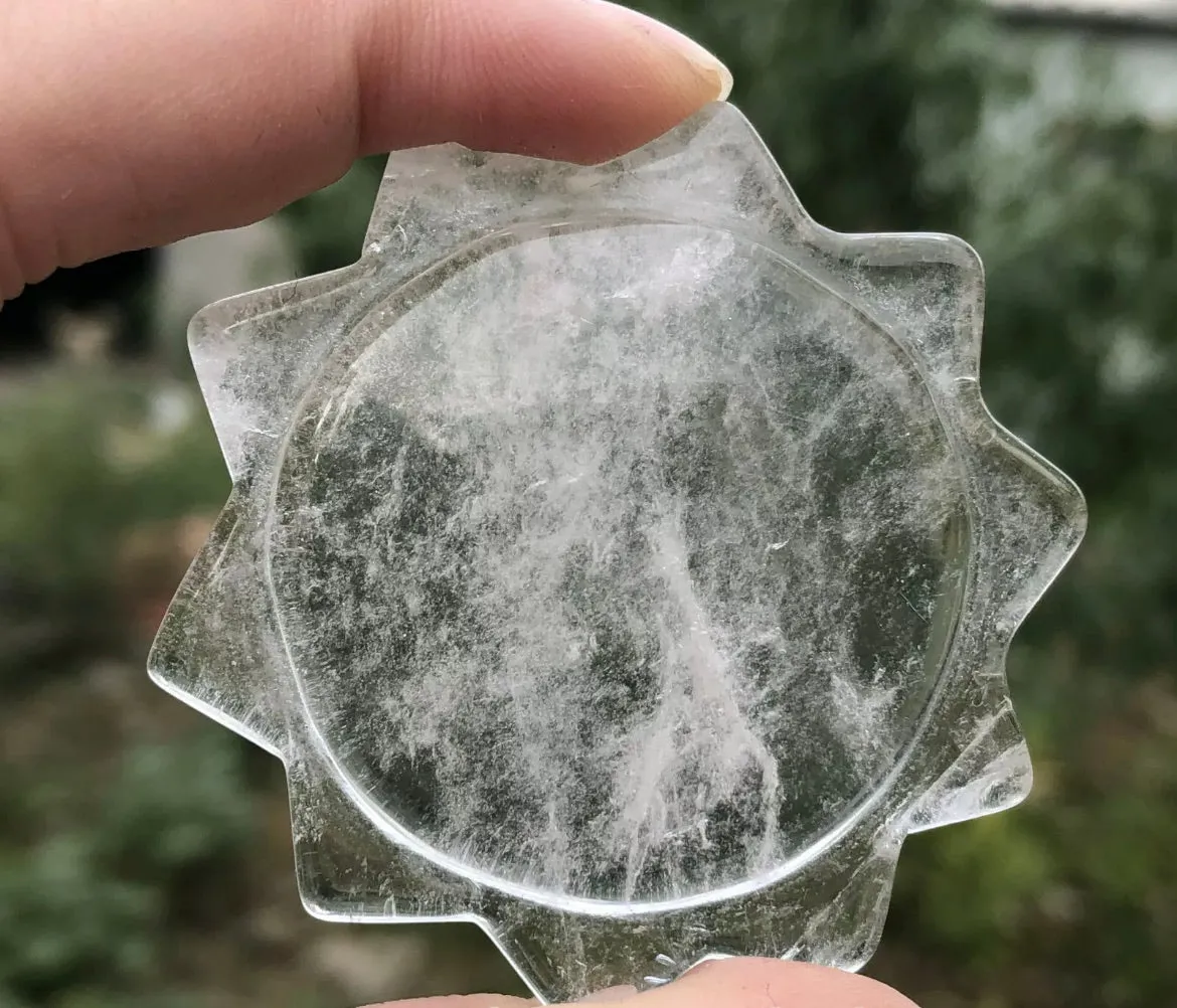 Natural Clear Quartz gemstone Hand Carved Sun