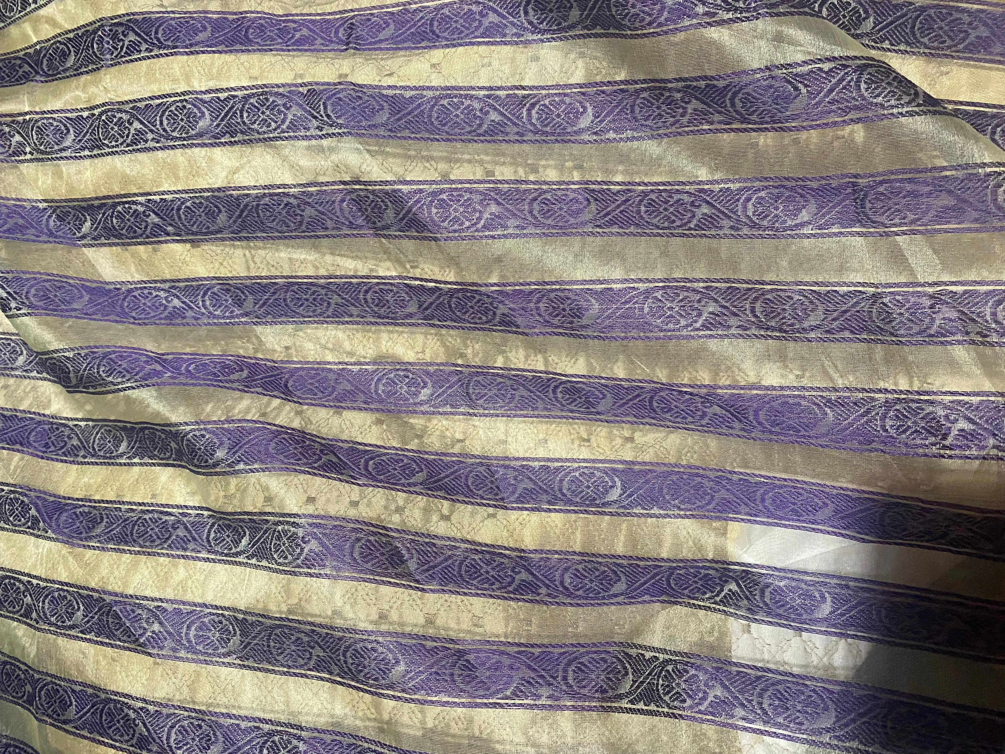 NEW Princess Ariella 100% Silk Organza Stripe Fabric- Cream and Purple