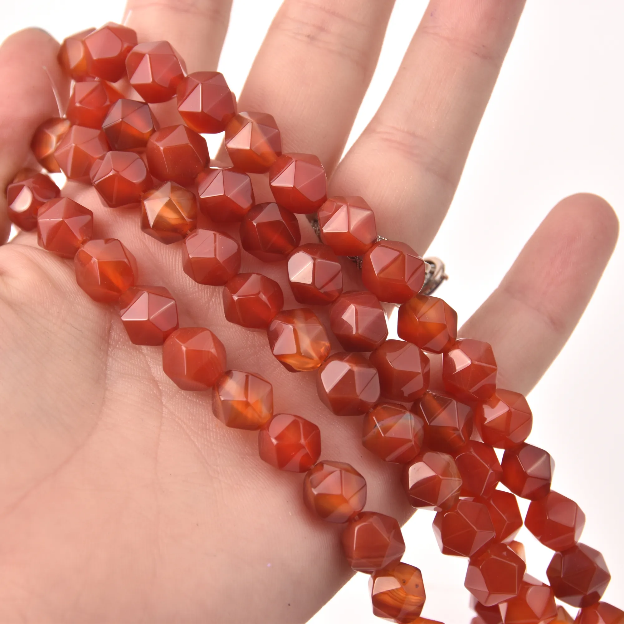 Orange Red Agate Half Strand, Star Cut Faceted 10mm Gemstone Beads, 8 long gem0823