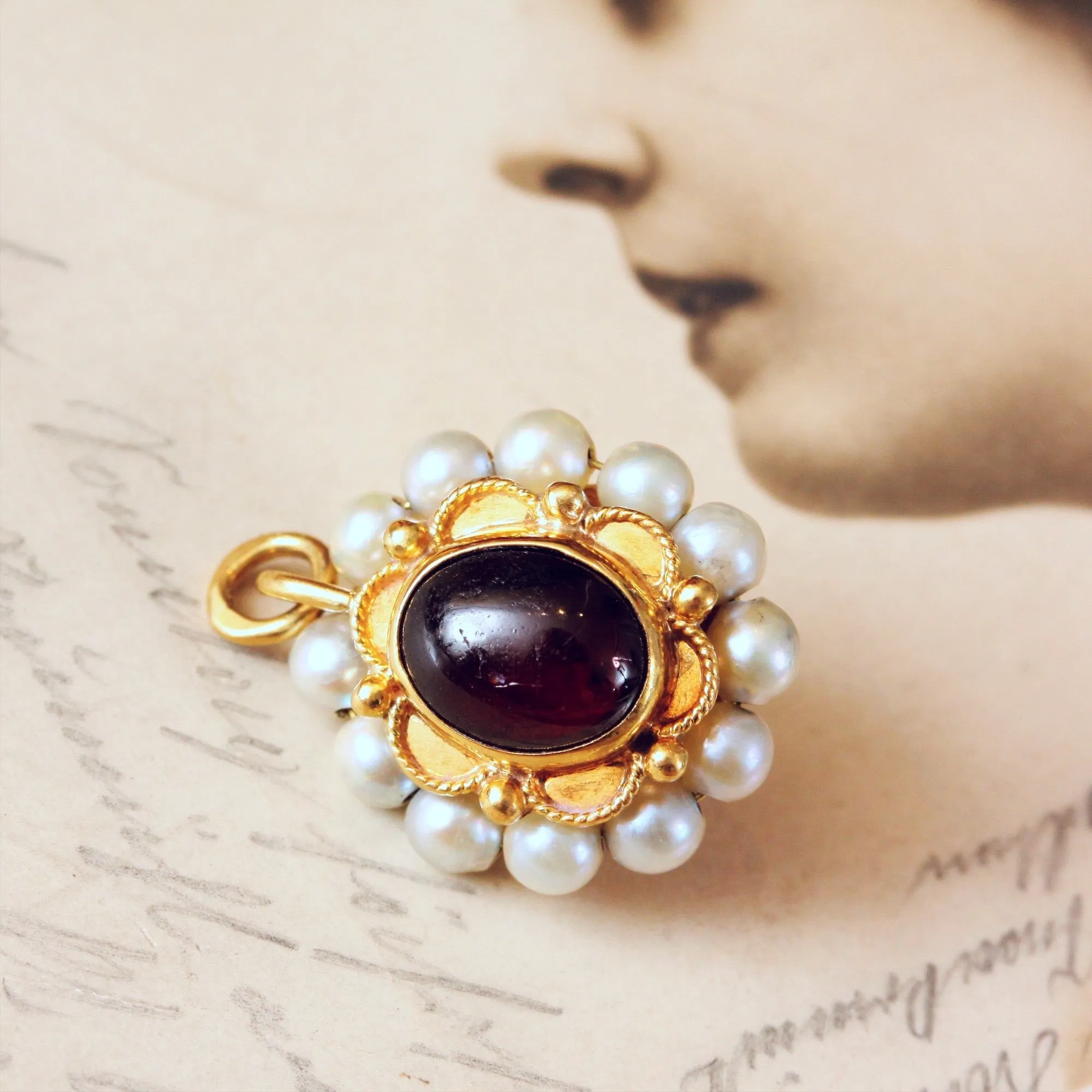 Renaissance Style Cabochon Garnet & Pearl Pendant