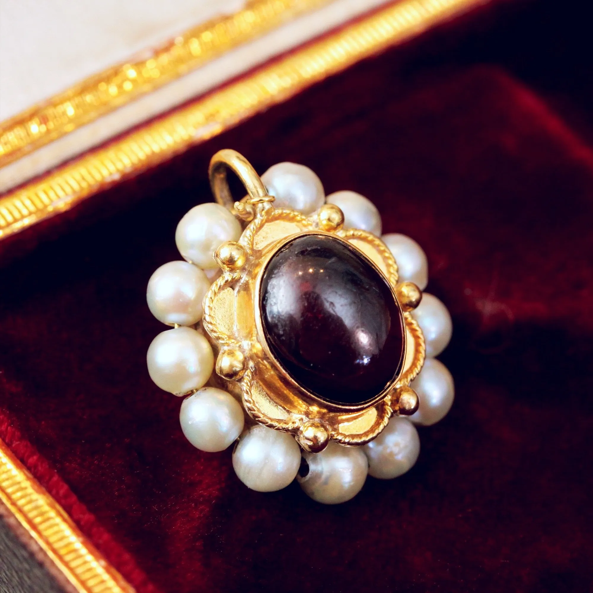 Renaissance Style Cabochon Garnet & Pearl Pendant