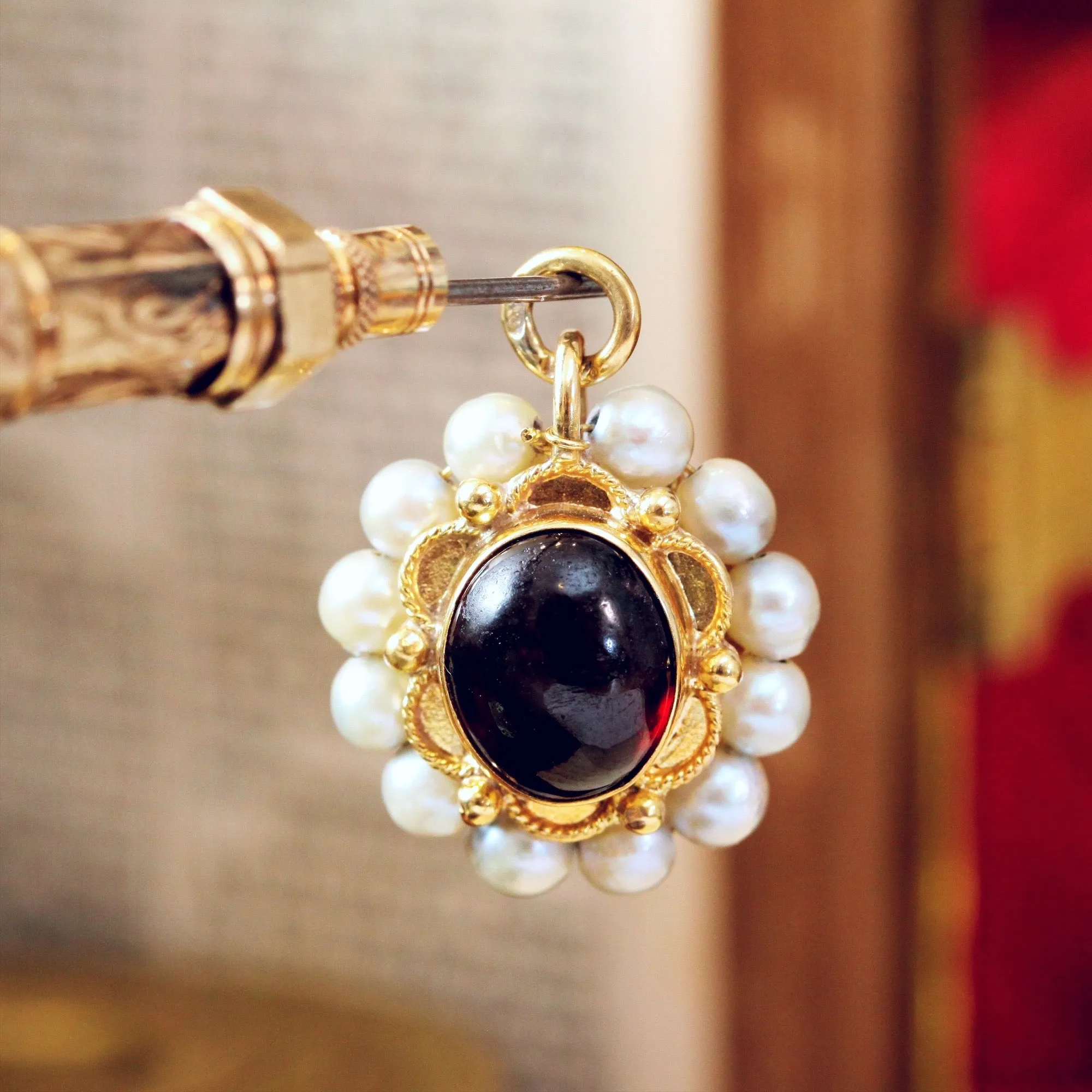 Renaissance Style Cabochon Garnet & Pearl Pendant