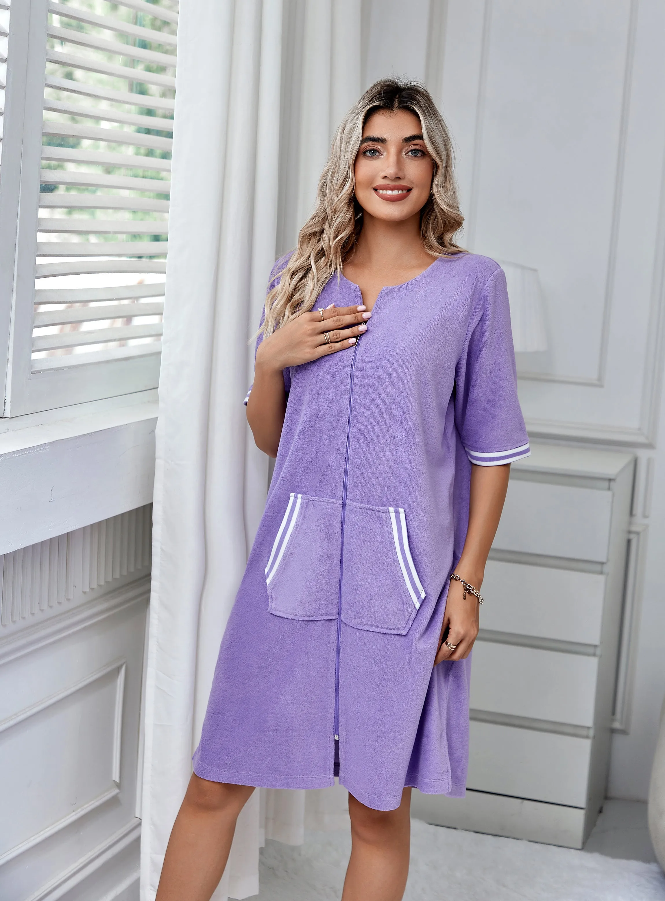 RH Housecoat Women Zipper Front Duster Robe 3/4 Lounger Dress Nightdress RHW4008