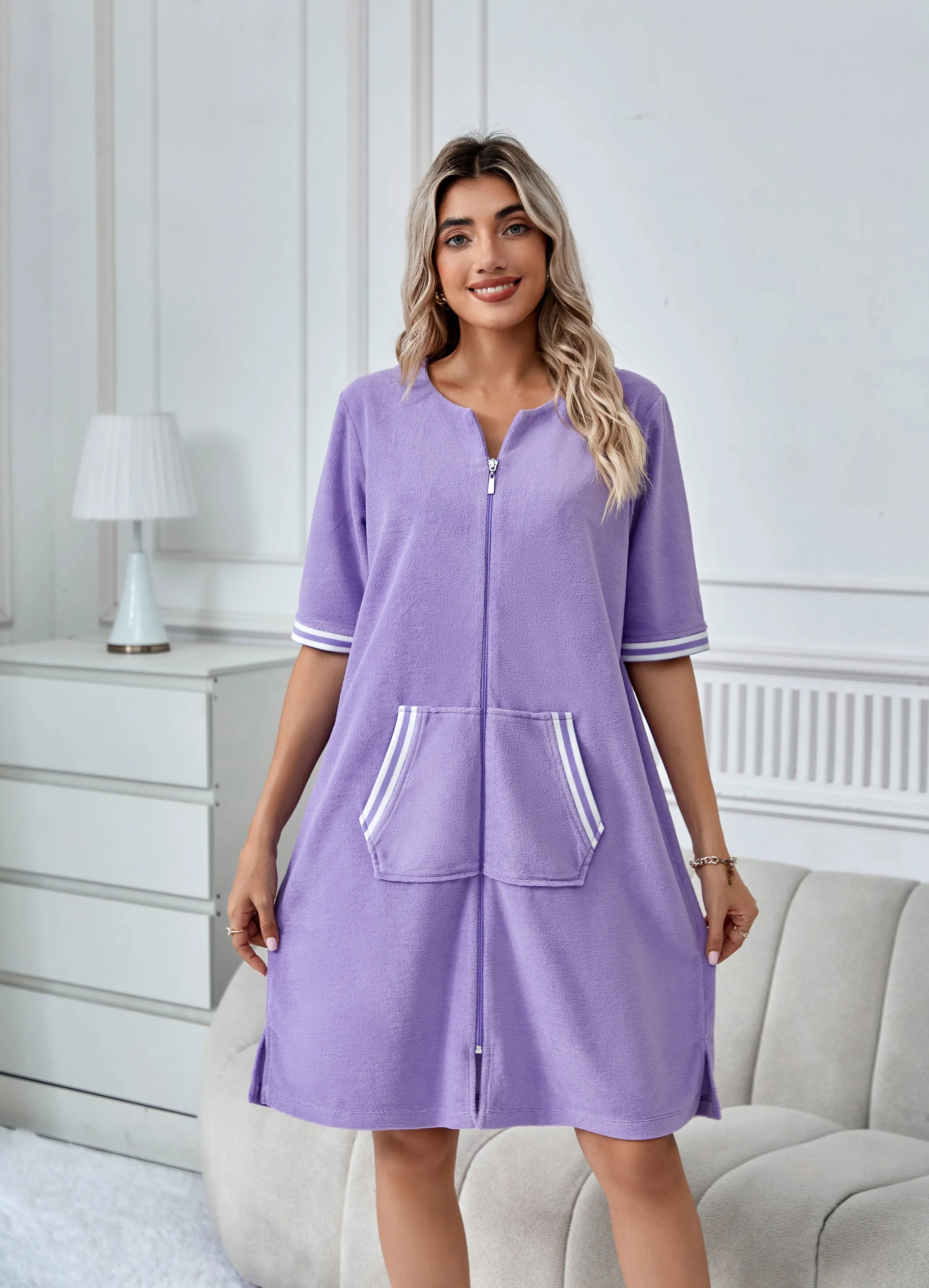 RH Housecoat Women Zipper Front Duster Robe 3/4 Lounger Dress Nightdress RHW4008