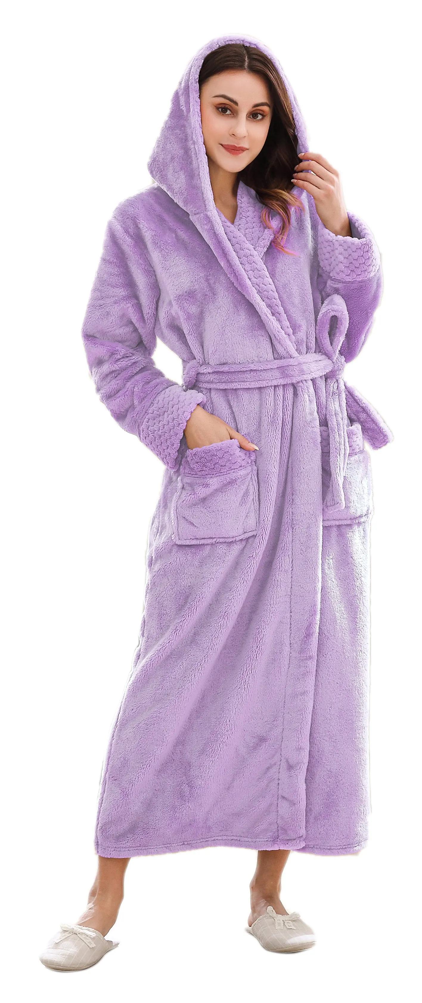 RH Robe Womens Long Hooded Bathrobe Plush Fleece Winter Sleepwear S-XL RHWN2233