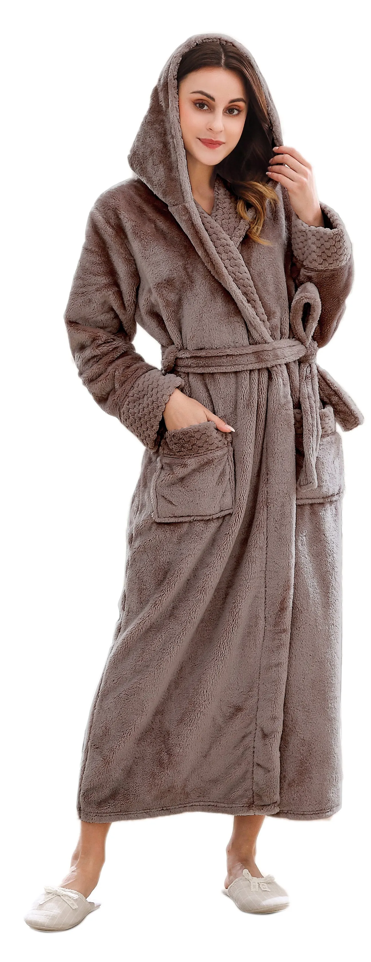 RH Robe Womens Long Hooded Bathrobe Plush Fleece Winter Sleepwear S-XL RHWN2233