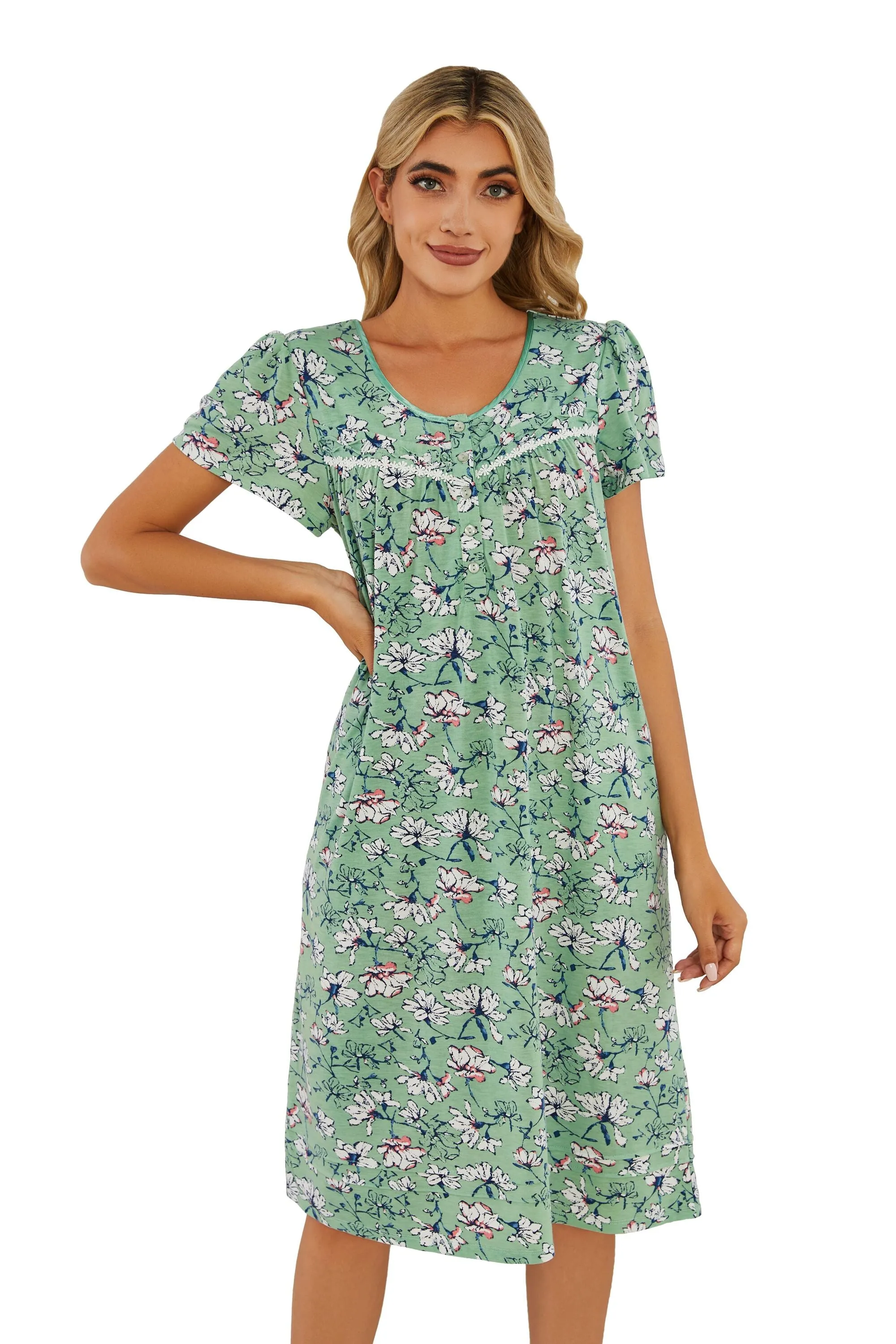 RH Women's Floral Sleepwear Button Duster Robe Short Sleeve House Dress Nightgown S-XXL RHW4054