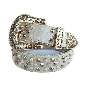 Rhinestone Chromatic And Copper Studs Belt With Grey Strap