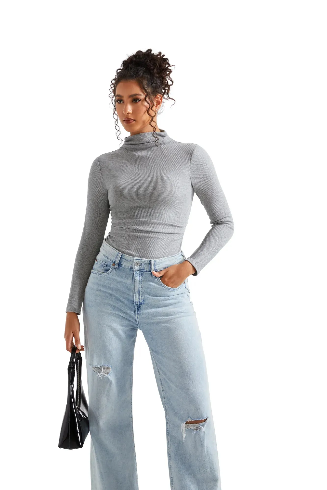 Ribbed Modal High Neck Shirt - Long Sleeve